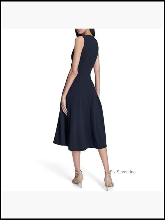 Sleeveless Pleat Neck Crepe A-line Midi Dress - Picture 2 of 2